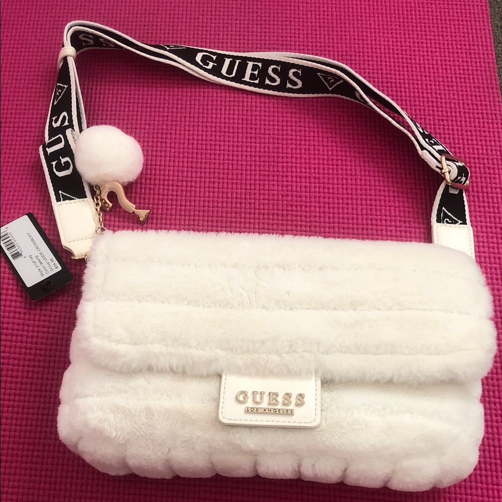 GUESS White Faux Fur Crossbody with Branded Black Strap and Pom